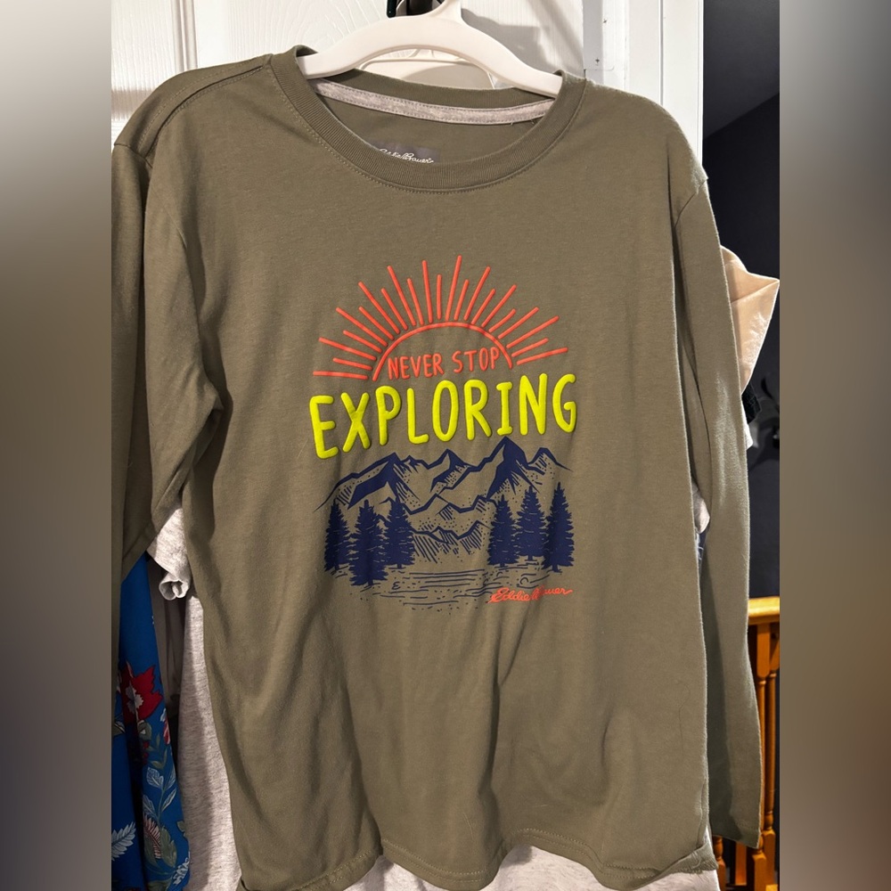 Eddie Bauer - Boys Olive Green 'Never Stop Exploring' Long Sleeve Shirt